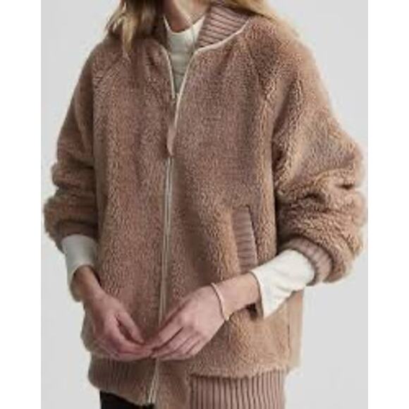 Varley Jackets & Blazers - Varley Ella Long Line Sherpa Bomber Jacket Tan Teddy Zip Up Womens M Cozy Winter